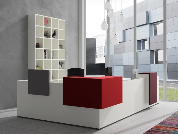 Empfangsmöbel bc-ww in weiss, rot und grau, modernes Design